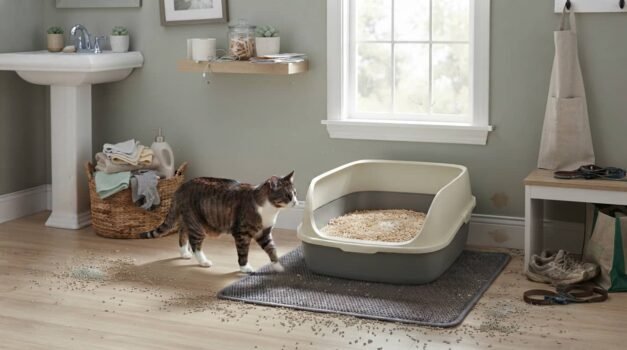 Best natural cat litter featured image showing a clean open litter box with plant-based litter and a cat in a tidy home laundry room