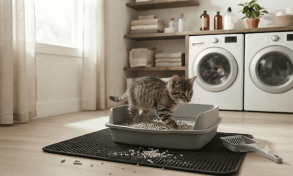 kitten using paper pellet cat litter in a litter box with mat in a laundry room