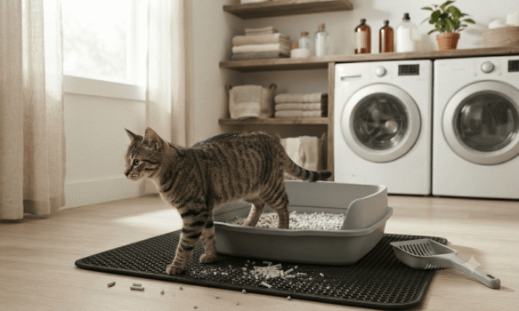 cat stepping out of paper pellet litter box on mat with scoop in laundry room