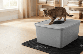 Tabby cat standing on a top entry litter box with a grooved litter-catching lid