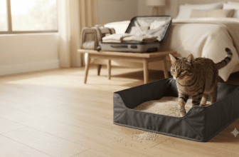 Brown tabby cat using a collapsible travel litter box in a hotel room