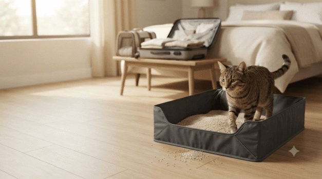 Brown tabby cat using a collapsible travel litter box in a hotel room