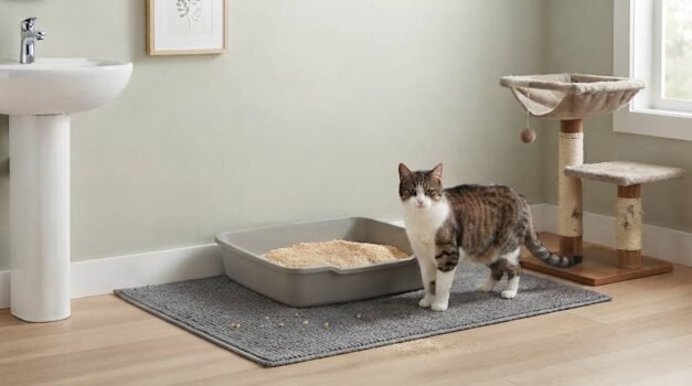 Best wood cat litter in an open litter box beside a cat