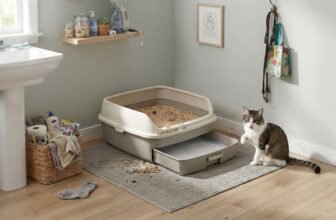 Breeze litter box system review featured image showing a pellet-and-pad litter box setup in a tidy laundry room with a cat nearby
