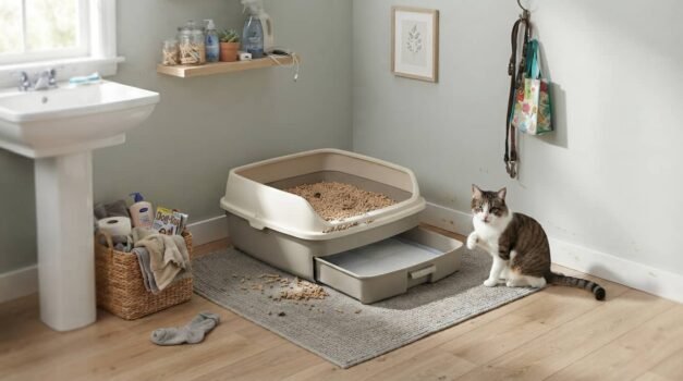 Breeze litter box system review featured image showing a pellet-and-pad litter box setup in a tidy laundry room with a cat nearby