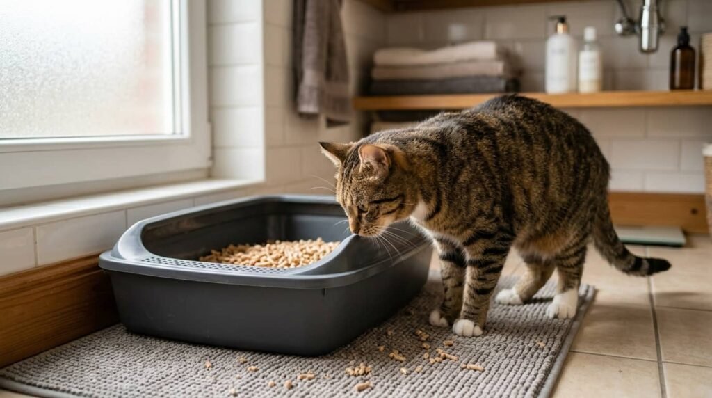 Cat hesitating during litter transition while sniffing a clean litter box with new pellet litter in a bathroom setup