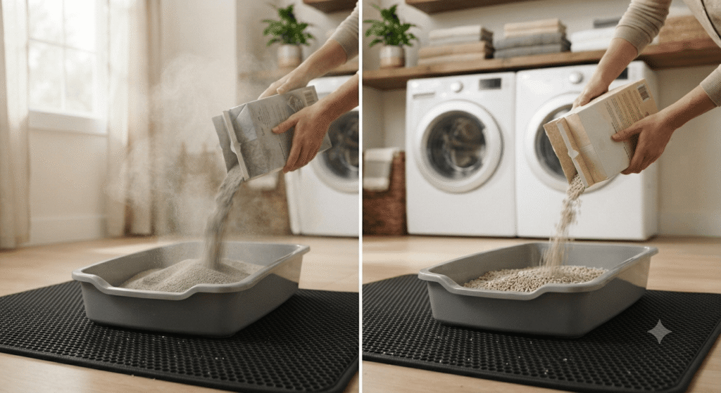 Side by side comparison of dusty clay cat litter and low dust tofu litter being poured into a litter box