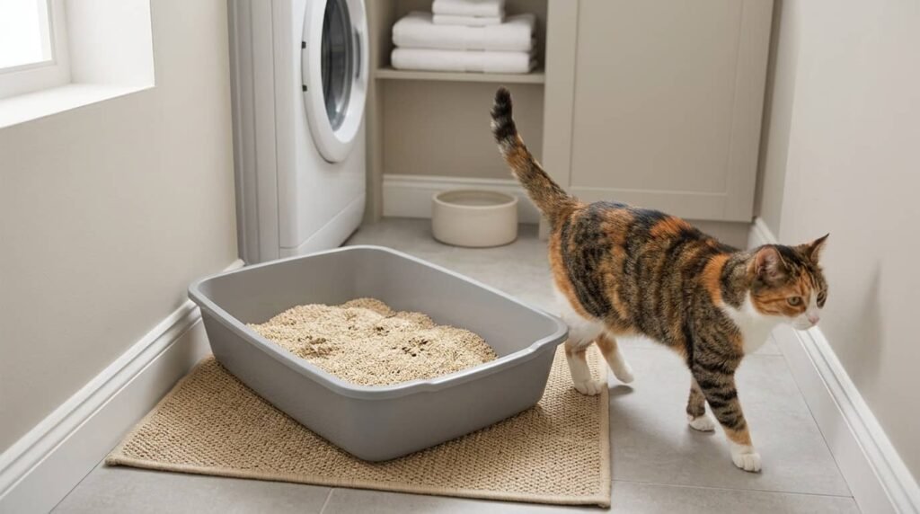 Cat not covering poop as normal behavior with a calm cat walking away from a clean litter box in a laundry room setup