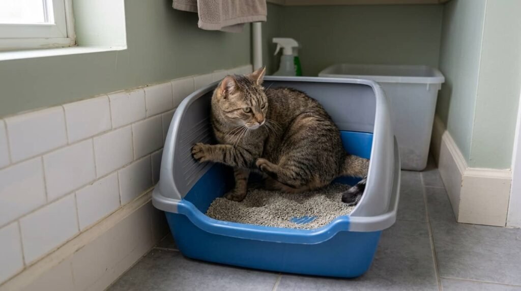 Cat scratching litter box side in a cramped litter box setup that may be too small or uncomfortable
