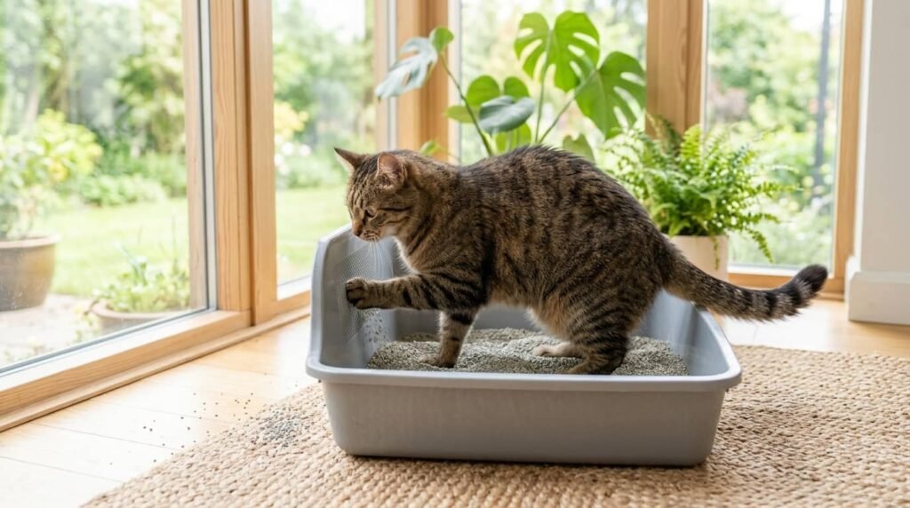 Cat scratching litter box side as normal behavior while standing in a clean litter box near a sunny window