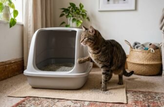 Cat scratching side of litter box beside a clean litter box in a cozy home setting