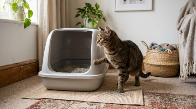 Cat scratching side of litter box beside a clean litter box in a cozy home setting