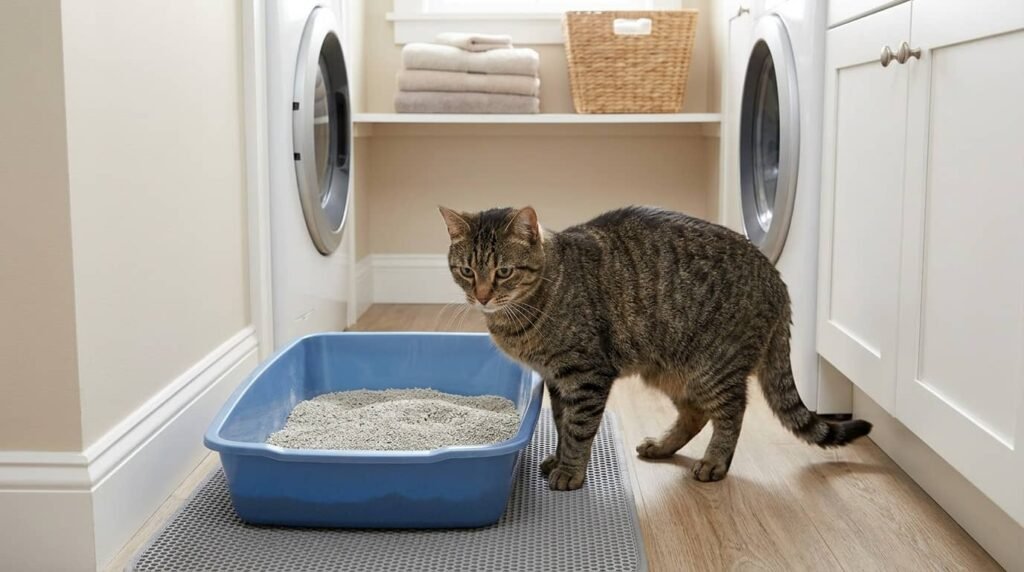 Cat won't cover poop in litter box due to a fixable setup problem with a cat beside a small litter box in a laundry room