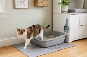 Cat won't cover poop in litter box featured image showing a cat stepping away from a clean litter box in a tidy home setup