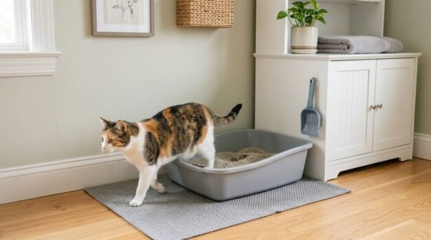 Cat won't cover poop in litter box featured image showing a cat stepping away from a clean litter box in a tidy home setup