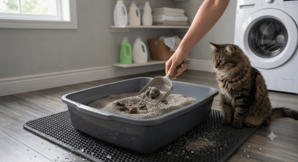 hand scooping clumping cat litter with solid urine clumps in litter box with cat nearby on litter mat in laundry room