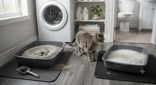 side by side clumping vs non clumping cat litter boxes with cat between showing clay clumps and crystal litter