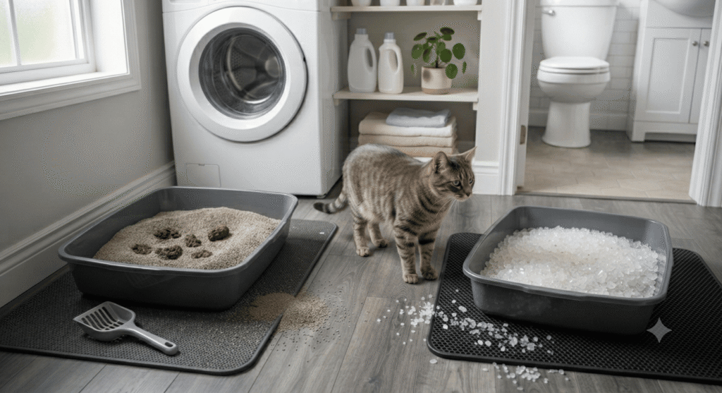 side by side comparison of clumping clay litter with scoop and non clumping crystal litter with cat between boxes