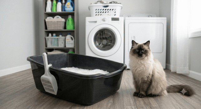 Color changing cat litter in a litter box with a Ragdoll cat in a laundry room