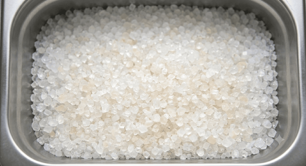 Close-up of white silica crystal color changing cat litter in a stainless steel litter box