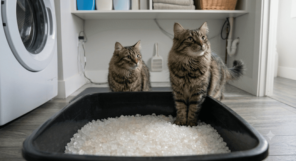 two cats near litter box filled with crystal cat litter in a laundry room setup