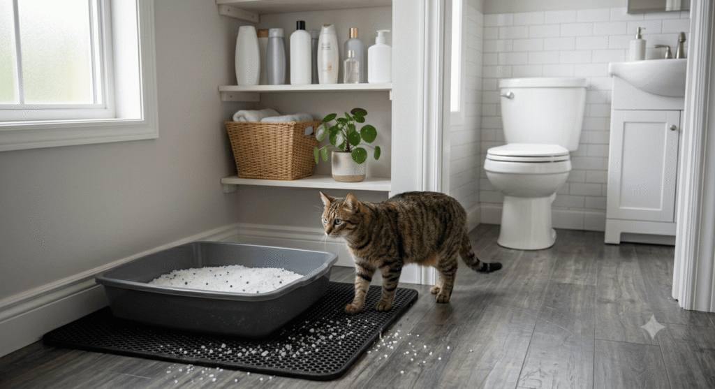 cat stepping out of non clumping crystal litter box with litter mat catching scattered crystals in a bathroom setup
