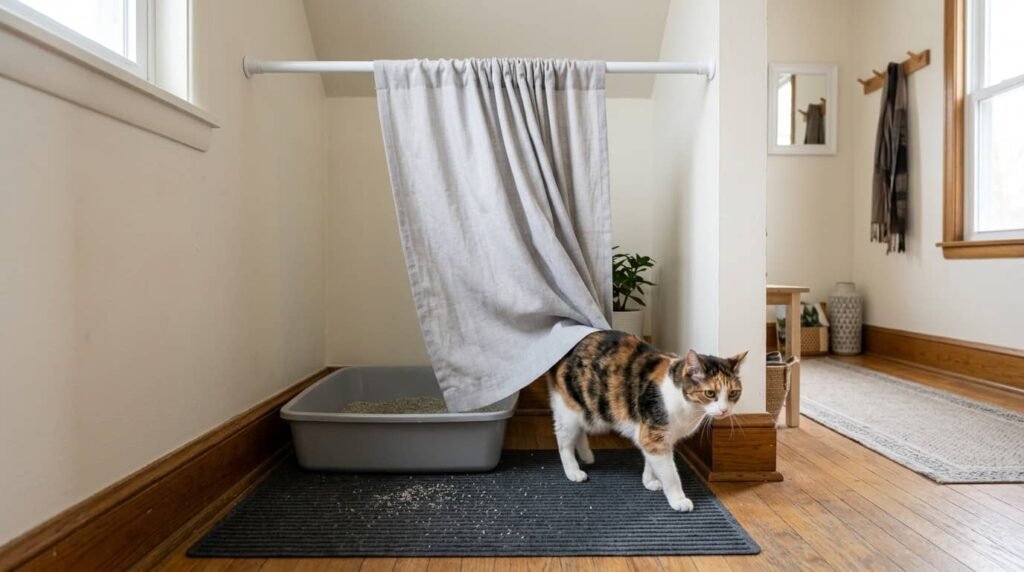 Curtain tension rod litter box cover showing a cat leaving a simple hidden litter box setup in a hallway nook