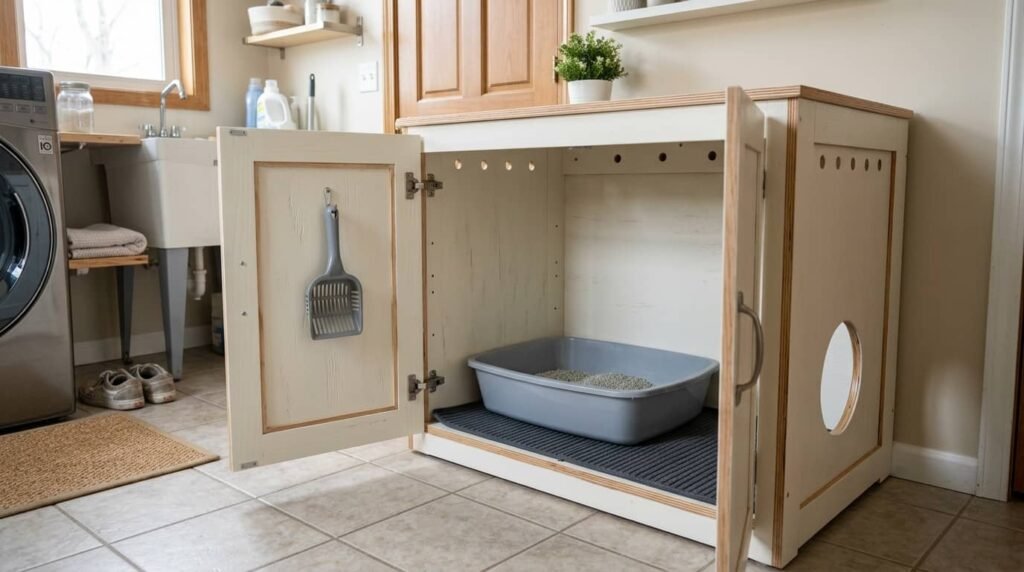 DIY litter box enclosure with open cabinet doors showing ventilation, cleaning access, and a litter box inside a laundry room setup