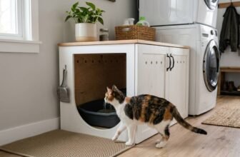 DIY litter box enclosure featured image showing a cat approaching a ventilated furniture-style litter box cabinet in a laundry room setup`