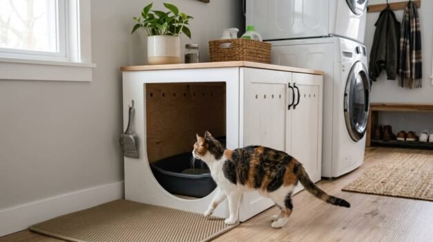 DIY litter box enclosure featured image showing a cat approaching a ventilated furniture-style litter box cabinet in a laundry room setup`