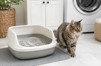 Dr. Elsey's Respiratory Relief cat litter review with a cat beside a litter box in a laundry room