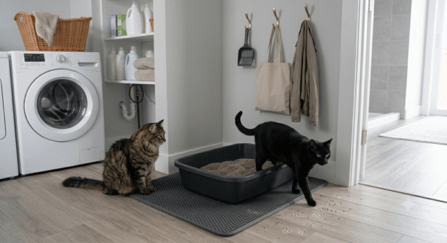 two cats using a clay litter box on a mat in a clean laundry room setup