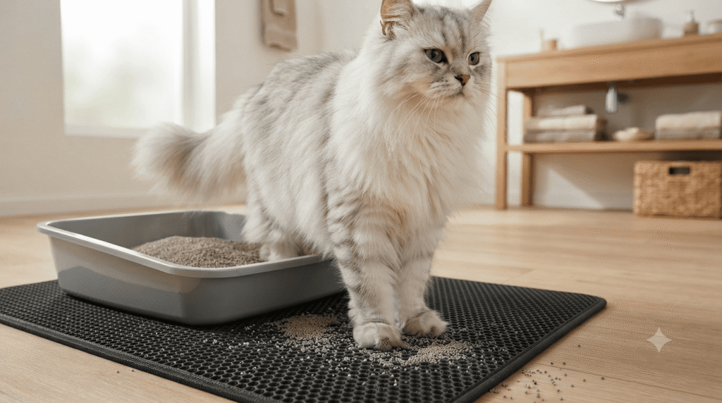 Long-haired cat stepping from a litter box with fine litter scattered around its paws and litter mat