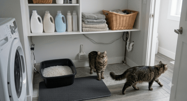 two cats near litter box with crystal litter in laundry room setup with litter mat and light tracking