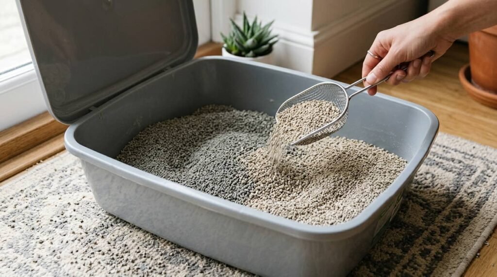 Gradual cat litter transition method showing new litter being mixed into old litter in an open litter box