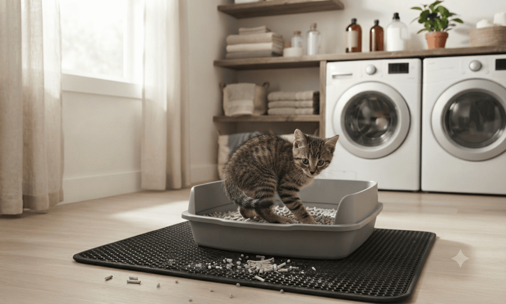 kitten using paper pellet cat litter in a litter box with mat in a laundry room