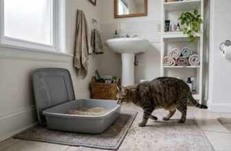 How to transition cat litter featured image showing a cat approaching a clean litter box in a realistic bathroom setup