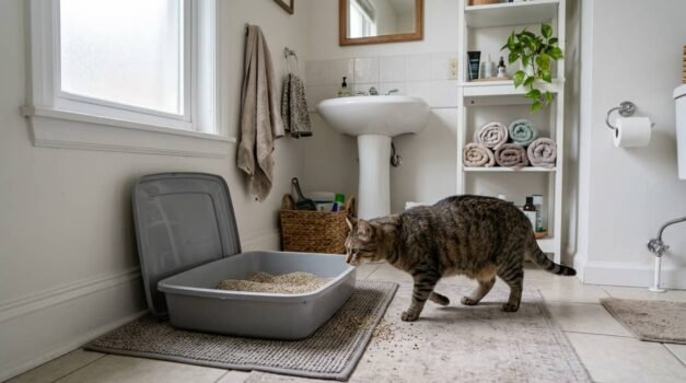 How to transition cat litter featured image showing a cat approaching a clean litter box in a realistic bathroom setup