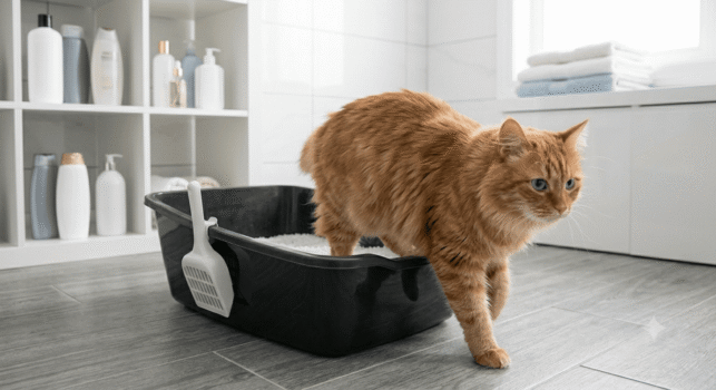 Orange cat stepping out of a litter box filled with silica crystal litter in a modern bathroom