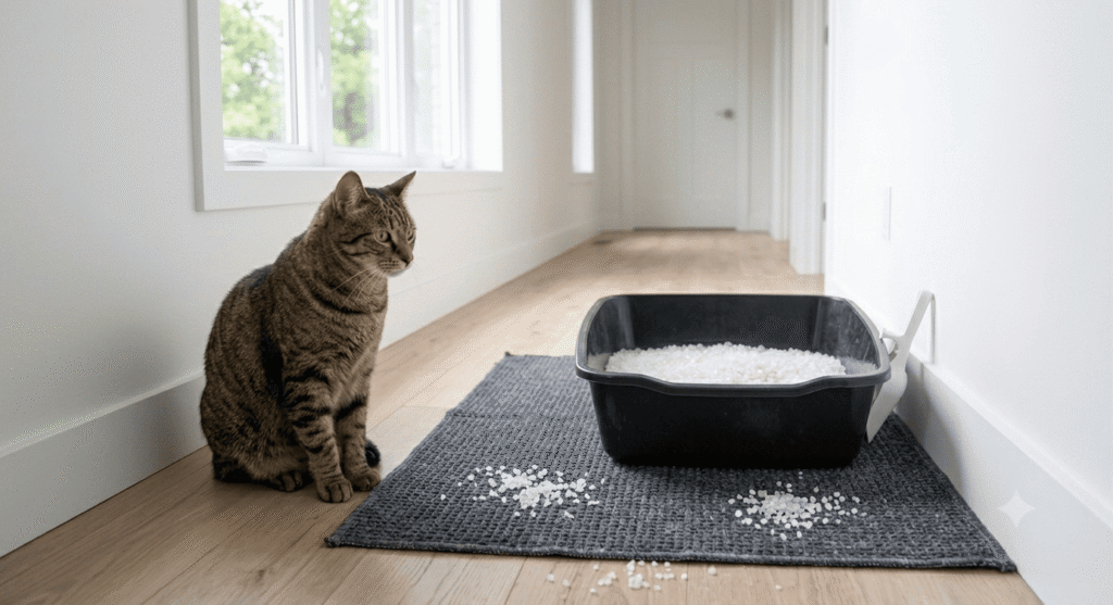 cat near a silica crystal litter box in a bright hallway showing PrettyLitter is safe for cats