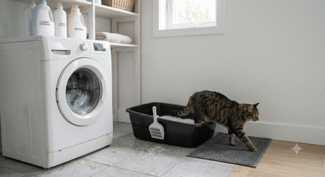 cat using crystal litter box in laundry room with light litter tracking on floor