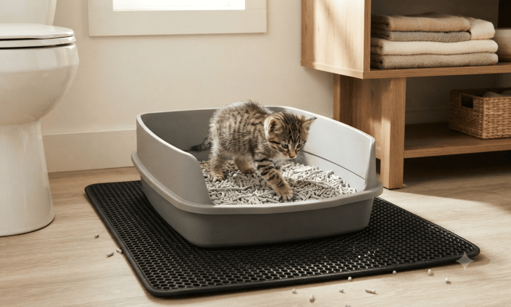 kitten using paper pellet cat litter in litter box on mat in bathroom