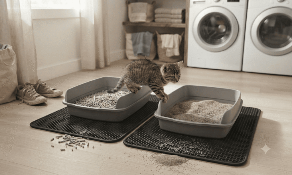 kitten choosing between paper pellet litter and clumping litter in two litter boxes