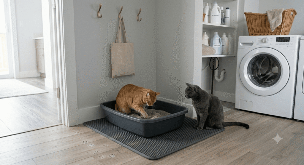 orange cat digging in lightweight litter box with gray cat nearby in a small laundry space