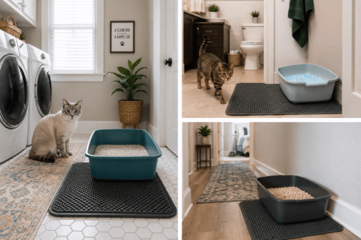 cat using non-clumping litter box with litter mat in a real home setup