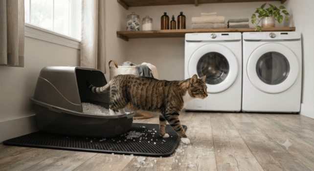cat stepping out of litter box with non-clumping cat litter and mat with scattered crystals in a laundry room