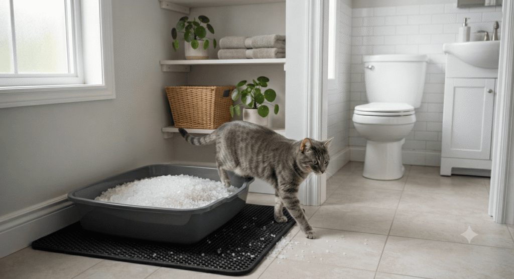cat stepping out of non clumping crystal litter box on litter mat with scattered crystals in bathroom
