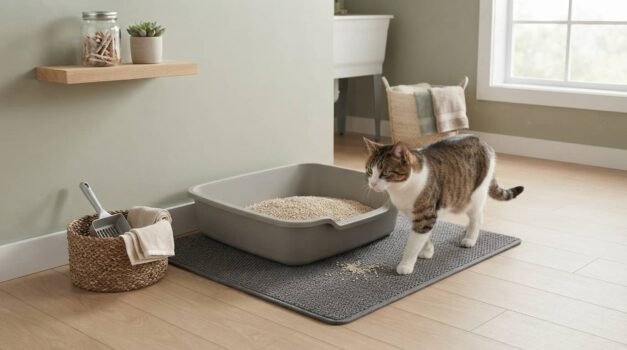 Non-toxic cat litter featured image showing a clean open litter box with plant-based litter and a calm cat in a tidy home setup