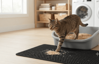 Tabby cat stepping from a litter box filled with natural wood fiber cat litter
