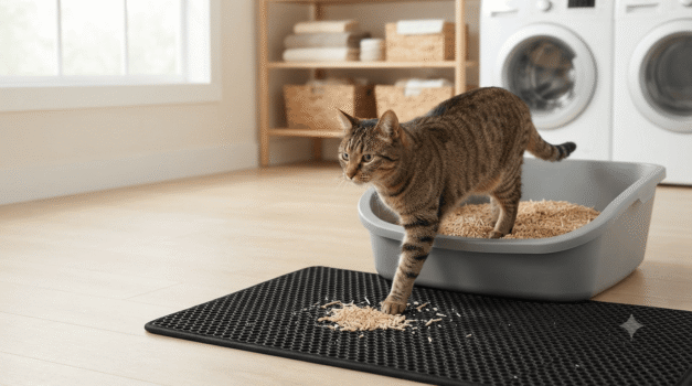 Tabby cat stepping from a litter box filled with natural wood fiber cat litter
